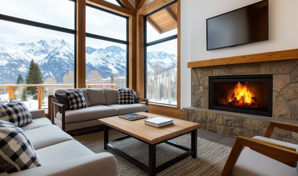 Cozy Living Room with Mountain View, Fireplace and Comfortable Seating in Aspen Colorado Vacation Home.